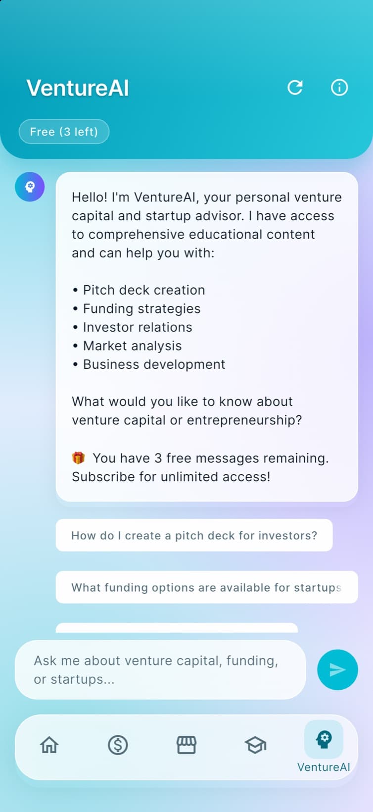 The VentureAI screen, with a welcome message and suggested questions about pitch decks and funding.